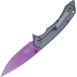 Assisted Open Folding Pocket Knife with Grey handle and Purple Blade