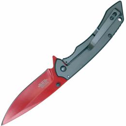 Assisted Open Folding Pocket Knife with Grey handle and Red Blade